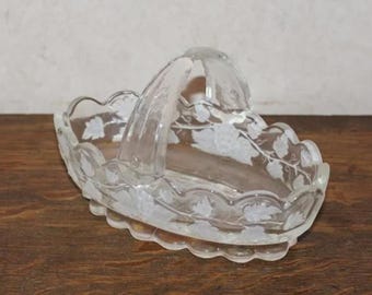 Vintage MA Lesh 1980 Glass Frosted Basket with Grapes Leaves - Signed
