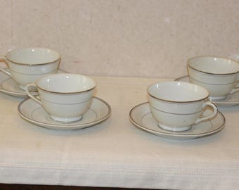 Vintage Metasco Footed White and Platinum Cup and Saucer - Set of 4