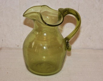 Vintage Green Hand Blown Glass Pitcher with Applied Handle and Pontil Mark