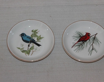Vintage Crown Staffordshire Bird Butter Plates - Cardinal, Finches