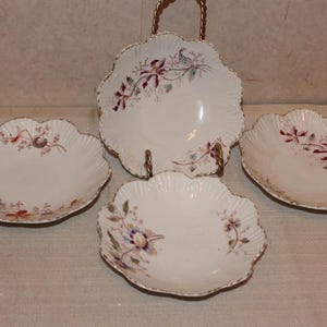 Antique Fruit Dessert Bowls Painted Transfer Flowers - Set of 4