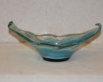 Vintage Art Glass Hand Blown Blue White Bowl