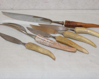 Vintage Anton Wingen Solingen Rostfrei Stag Knives and Serving Fork - Lot of 5