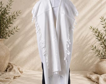 Tallit Tashbetz White - 100% Rehelim Wool - Mishkan HaTchelet