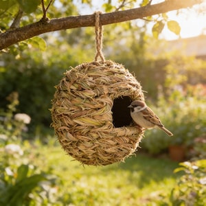 Könnte beinhalten: Ein runder Vogelkäfig aus geflochtenen Naturfasern hängt an einem Ast. Ein kleiner Spatz sitzt am Rand des Vogelhauses. Sein braunes und graues Gefieder harmoniert mit den natürlichen Farbtönen des Vogelhauses und des umliegenden Grüns.