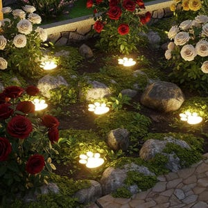 May include: A garden scene featuring paw print-shaped pathway lights illuminating a bed of rocks, greenery, and vibrant red and white roses. The lights create a warm glow, enhancing the natural beauty of the garden.