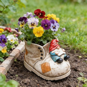 May include: A whimsical garden planter shaped like a weathered boot, filled with colorful pansies in shades of purple, yellow, and red. A small gnome figure with a red hat and blue jacket is perched on the side of the boot.