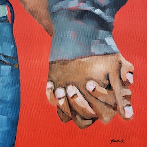 Holding Hands Painting, Valentines Day romantic art Nicole Roggeman, 8x10 inch gift idea for girlfriend or boyfriend, clasped couple in love