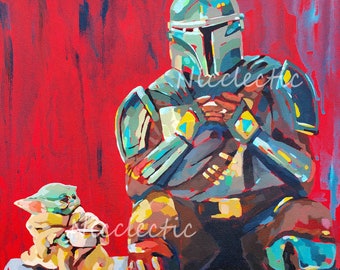 Mandalorian & Grogu Star Wars painting, colorful fanart, 16x20 inch TV characters decor, baby Yoda art by Nicole Roggeman at Nicclectic