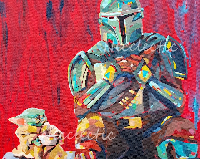 Mandalorian & Grogu Star Wars painting, colorful fanart, 16x20 inch TV characters decor, baby Yoda art by Nicole Roggeman at Nicclectic