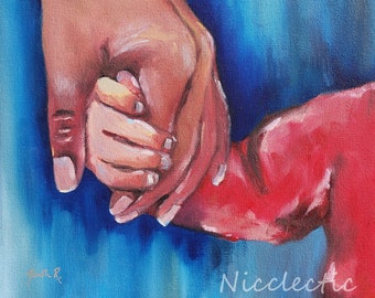 Gifts for Mom on sale, painting of mother and child holding hands, clasped big hand with small hand, Grandmother grandchild