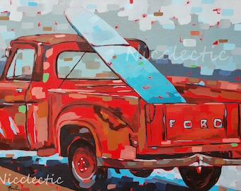 Rusty Red Ford Pick-up Truck Painting with Surfboard by Nicclectic