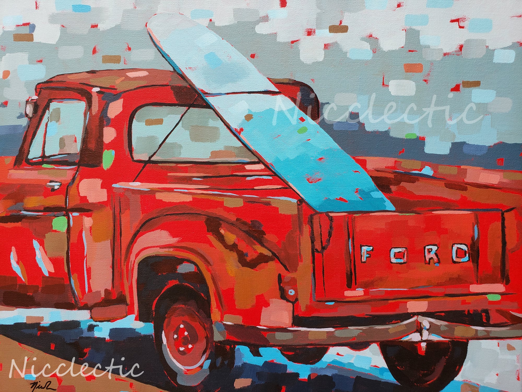 Rusty Red Ford Pickup Truck Painting with Surfboard by Nicclectic