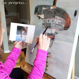 May include: A person paints a canvas with a brush. The canvas depicts a painting of a red and gray ship in the sky. The text "Original painting in progress..." is visible at the top of the canvas.