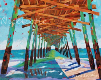 Pier at Emerald Isle North Carolina, 11x14 inch colorful art print by Nicole Roggeman at Nicclectic, coastal art and beach decor