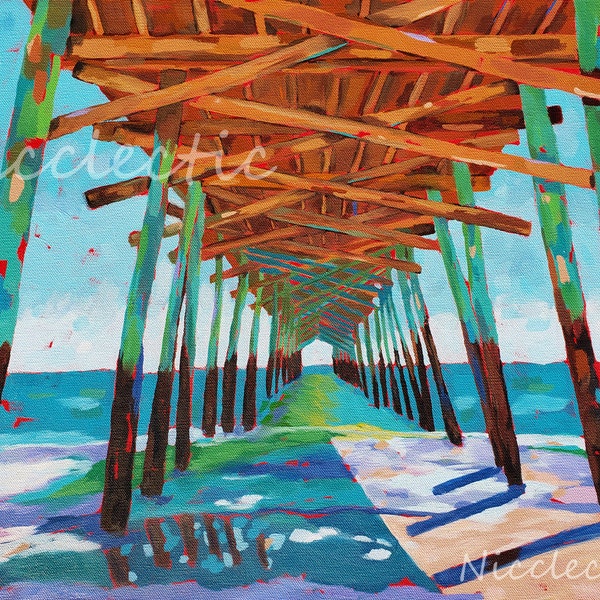 Pier at Emerald Isle North Carolina, 11x14 inch colorful art print by Nicole Roggeman at Nicclectic, coastal art and beach decor