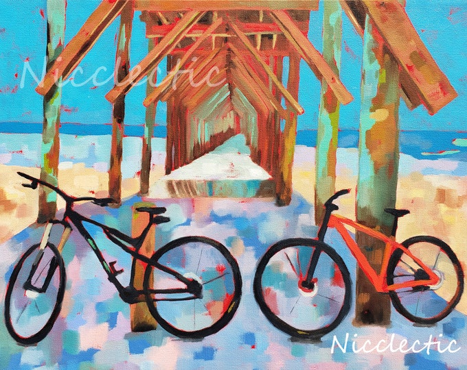 Bicycles resting on a beach pier - Topsail Island, North Carolina