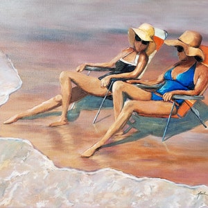 Sunhats on the Beach, Best girlfriends, 24x30 inch original oil painting, ocean sunny beach days, two women, big hats, bestfriends, wall art