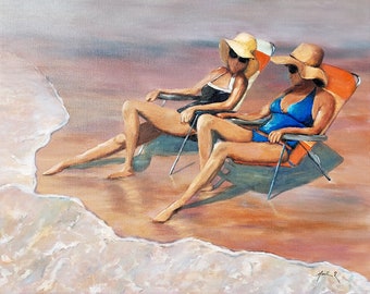 Sunhats on the Beach, Best girlfriends, 24x30 inch original oil painting, ocean sunny beach days, two women, big hats, bestfriends, wall art