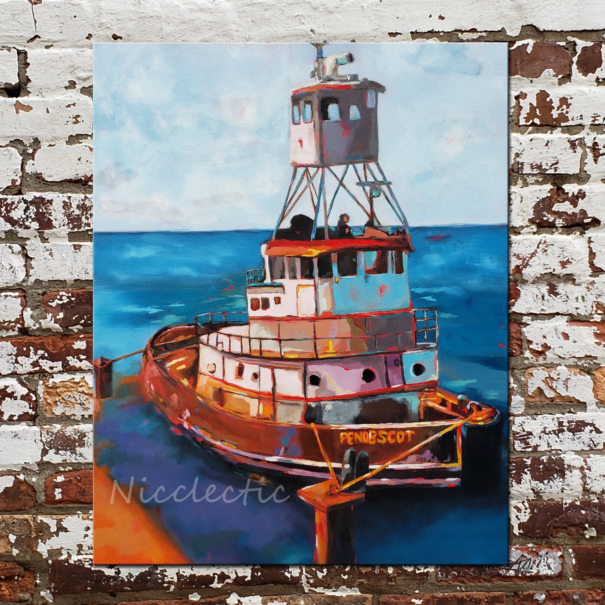 Colorful Tug Boat Lake House Art Nautical Gifts For Dad Mountains River Tugboat Gifts For Boaters Boating Lakehouse Decor