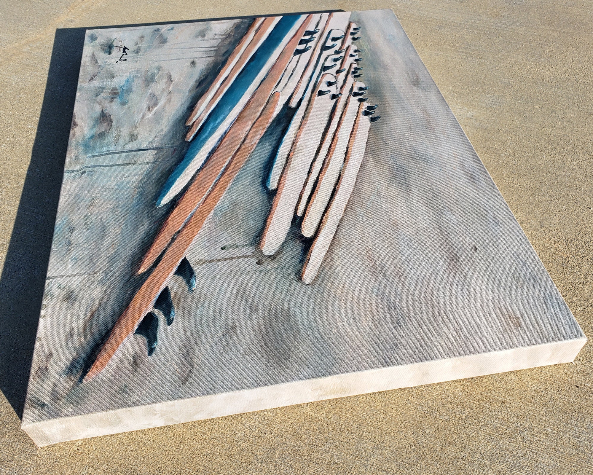 Surfboards on the beach, orange and blue coastal art by Nicole Roggeman