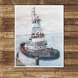 May include: A painting of a white and red tugboat with a black hull, anchored in a calm blue sea. The tugboat has a tall, white, rectangular structure with a red stripe and several windows. The painting has a light blue background with a few white birds flying in the sky.