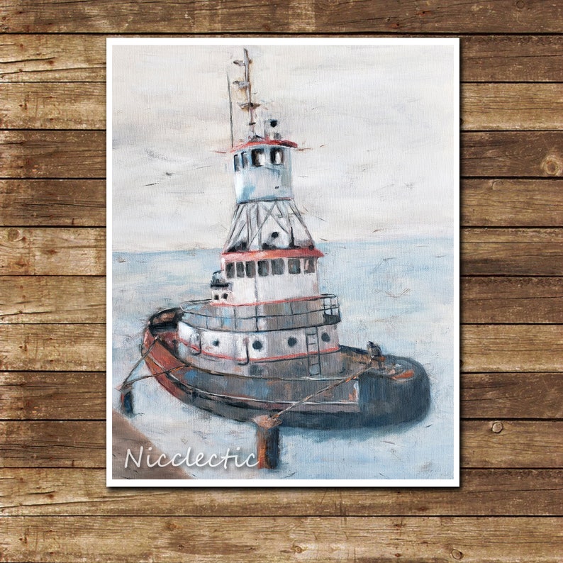 May include: A painting of a white and red tugboat with a black hull, anchored in a calm blue sea. The tugboat has a tall, white, rectangular structure with a red stripe and several windows. The painting has a light blue background with a few white birds flying in the sky.