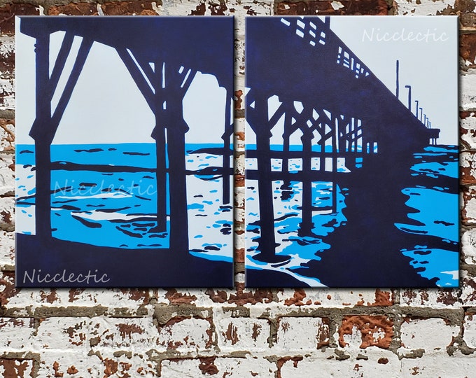 Surf City, NC - 2 canvas set, monochromatic navy coastal artwork