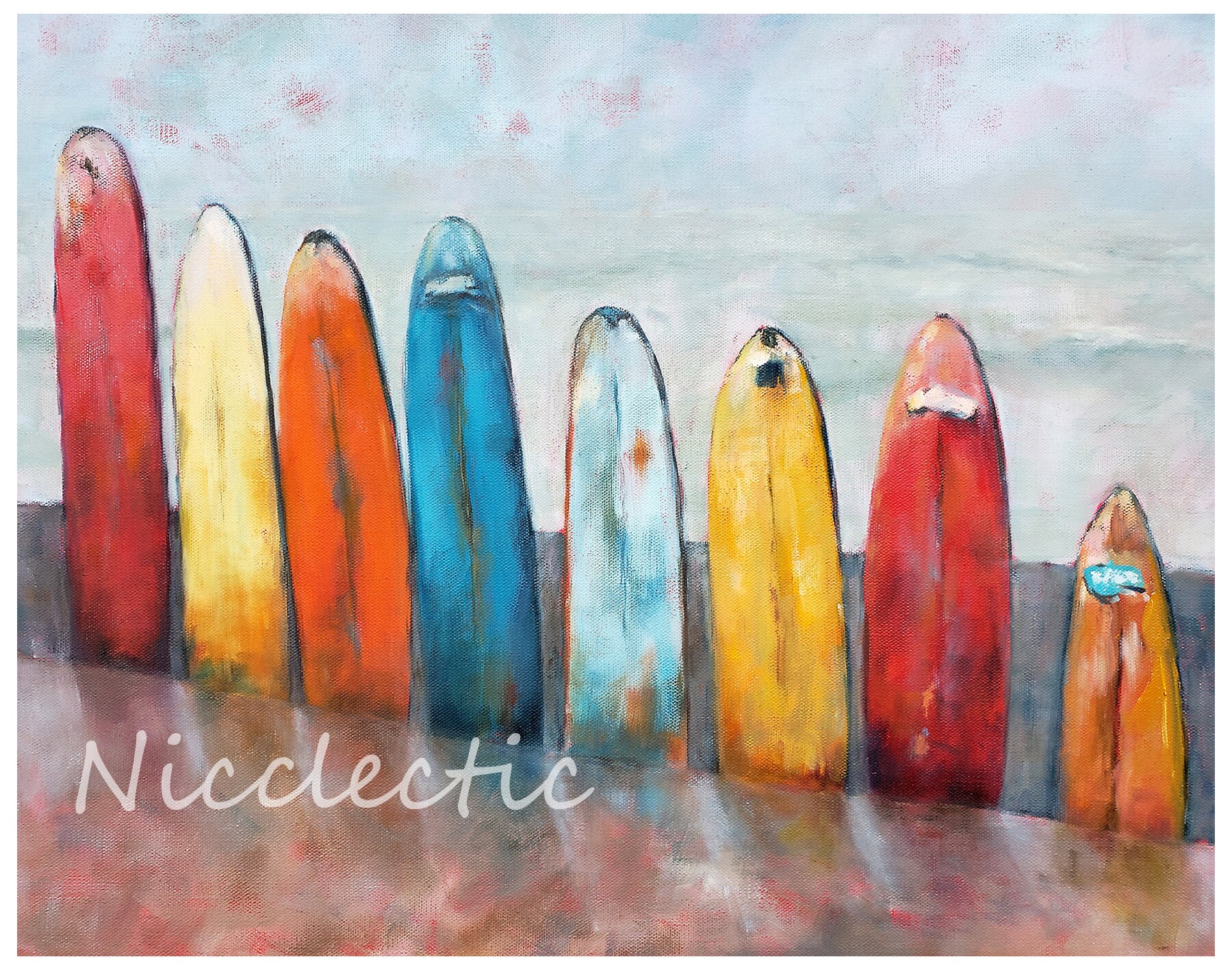 Surf board art, surfing, beach art, colorful impressionistic surfboard