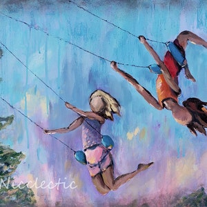 Girls swinging and playing, best friends, kids bedroom decor, fun playroom art, whimsical wall art , 11x14 print childrens art Nicclectic