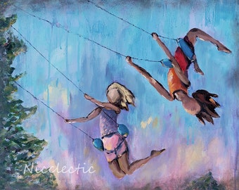 Girls swinging and playing, best friends, kids bedroom decor, fun playroom art, whimsical wall art , 11x14 print childrens art Nicclectic