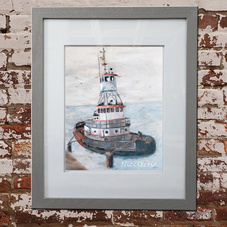 May include: A watercolor painting of a white and red tugboat with a black hull, docked at a pier. The tugboat is in a calm body of water with a light blue sky and white clouds in the background. The painting is signed "Nicclectic" in the bottom right corner.