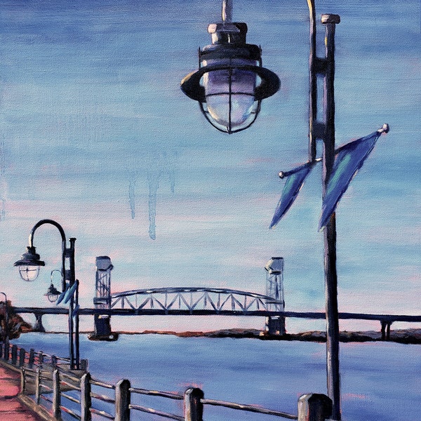 Downtown Wilmington, NC Riverwalk, lamp post, Cape Fear River bridge, print from original art watercolor paper, Coastal Town, Nicclectic