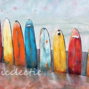 May include: A painting depicting a row of colourful surfboards lined up on a beach. The surfboards are various shades of red, orange, yellow, blue, and green. The background is a light blue sky with white clouds.