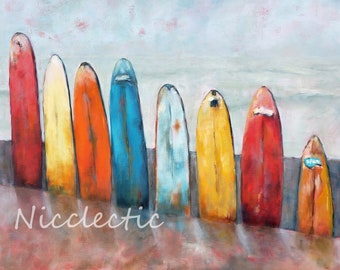Surfboard art, colorful impressionistic surfboard art print, surfs up, beachy surf decor, coastal style bedroom 11x14 inch decor  nicclectic