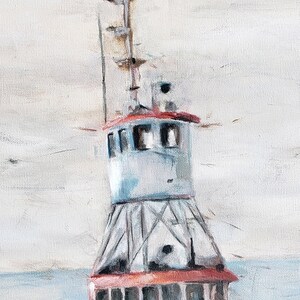 May include: A painting of a white and red boat with a tall mast and a small cabin. The boat is in the water and the sky is a light blue.