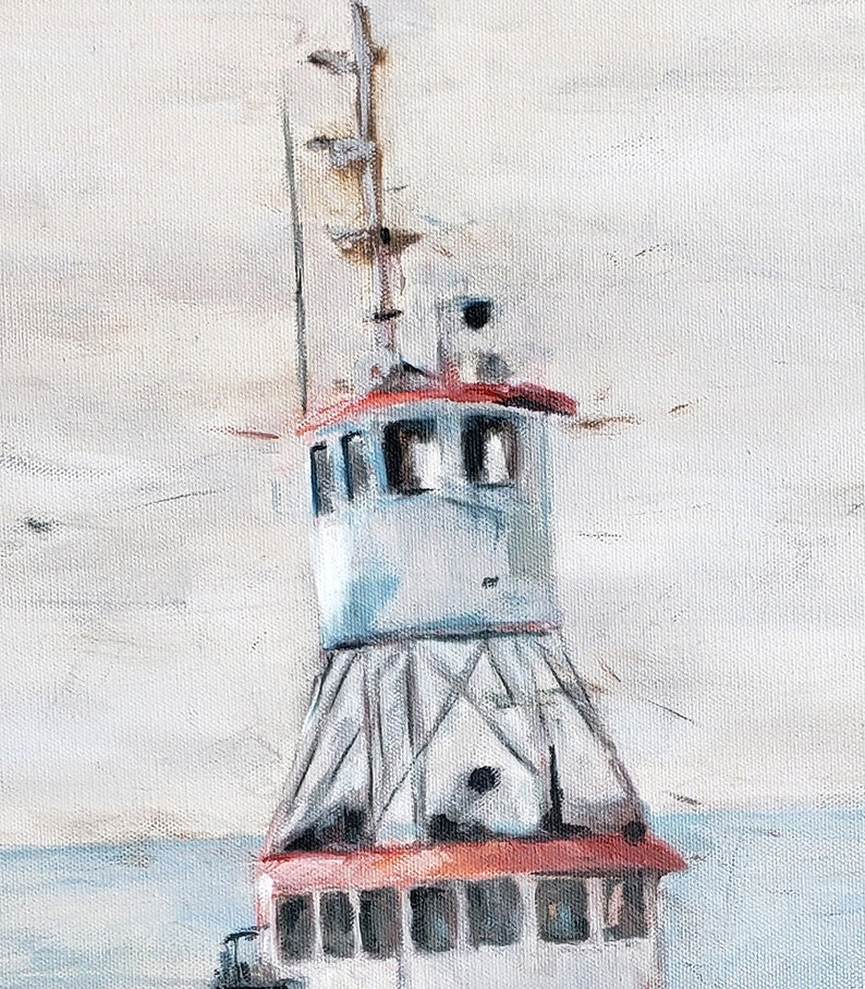 May include: A painting of a white and red boat with a tall mast and a small cabin. The boat is in the water and the sky is a light blue.