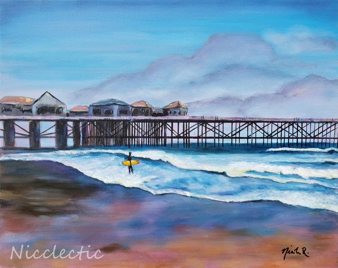 California beach art with yellow surfboard on sale, 16x20 inch oil painting, surf artwork by Nicole Roggeman