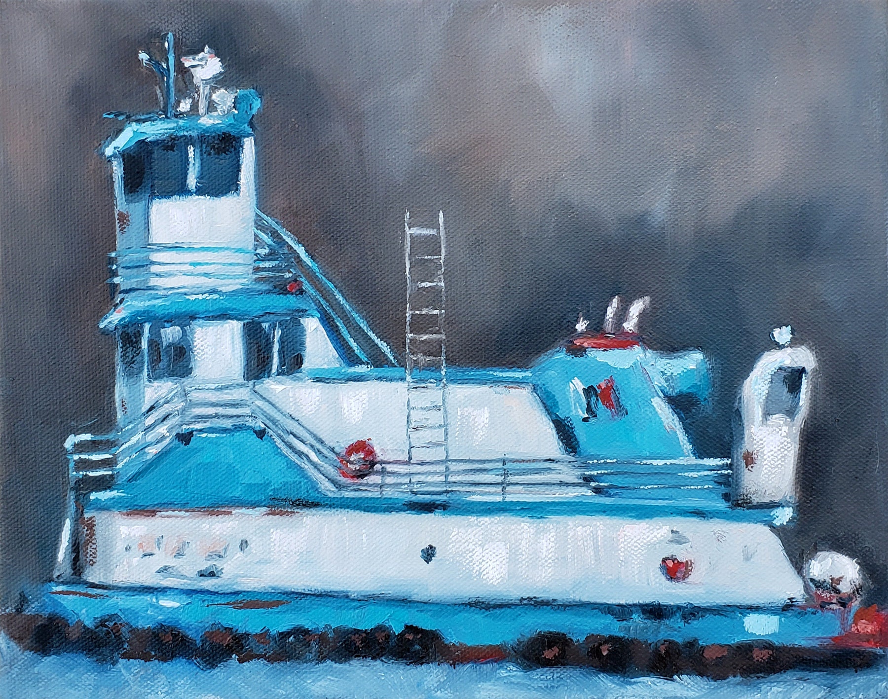 Tug Boat Art, Hudson River, blue and white boat painting