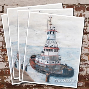 May include: A watercolor painting of a tugboat with a red and white striped top, docked in a harbor. The tugboat is painted in a realistic style with a gray hull and a white cabin. The water is painted in shades of blue and gray, and the sky is a light blue.