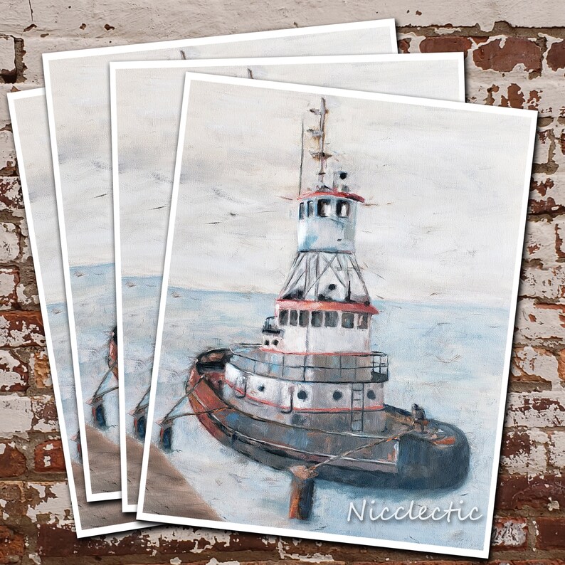 May include: A watercolor painting of a tugboat with a red and white striped top, docked in a harbor. The tugboat is painted in a realistic style with a gray hull and a white cabin. The water is painted in shades of blue and gray, and the sky is a light blue.