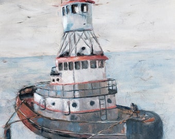 Tug boat artwork, coastal inspired impressionistic nautical art, gray tones,  gifts for him, boat oil painting, Cape Canaveral Florida Tug