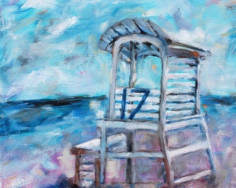 Carolina Beach Lifeguard Stand Oil Painting: Coastal Impressionistic Art
