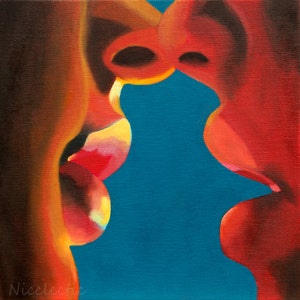 Romantic and colorful lesbian sensual art, gay pride art print, lovers full lips, couple kissing, Rainbow kiss, hot red and blue
