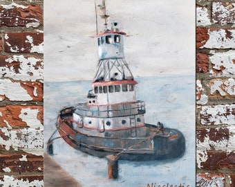 Tug boat, gray and white nautical art, modern boating decor, print from painting, boat decor, sea life, mens gift ideas for dad