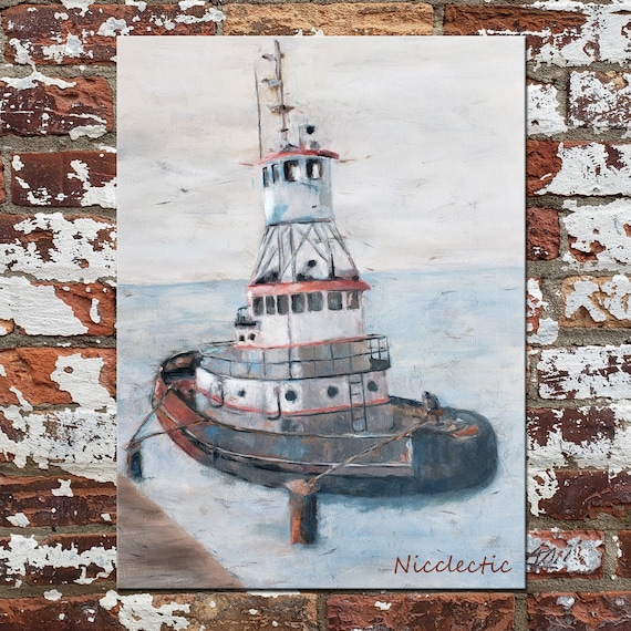 Tug Boat Art Print: Gray & White Nautical Painting