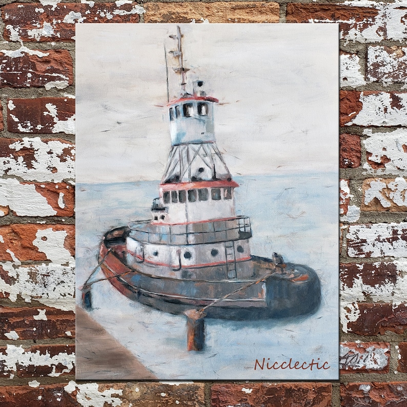 May include: A painting of a white and red tugboat with a blue hull, docked at a pier. The tugboat has a small cabin with windows and a red roof. The water is a light blue color and the sky is a light gray color. The painting is signed "Nicclectic" in the bottom right corner.