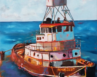 Colorful tug boat art - nautical decor