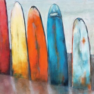 May include: A painting depicting six colourful surfboards lined up on a beach. The surfboards are painted in shades of red, yellow, orange, blue, and green.