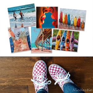 May include: A collection of eight paintings depicting various beach scenes, including a couple holding hands, a pier, a couple kissing, and surfboards. The paintings are displayed against a white background.